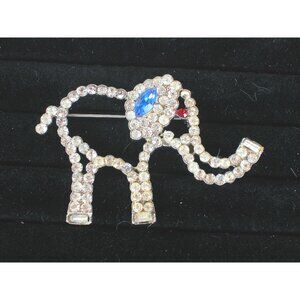 Vintage Rhinestone Elephant Brooch Pin With Blue Gem Eye